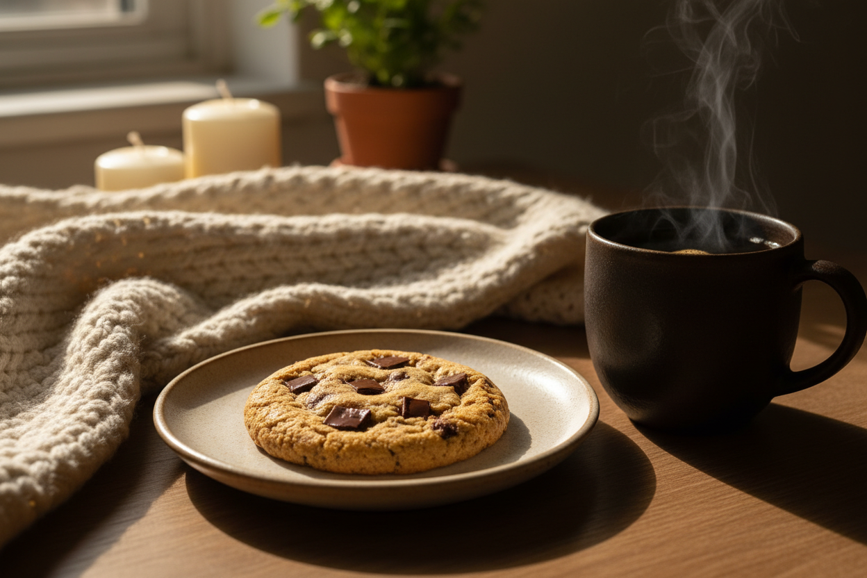 Collagen chocolate chips cookie , next to a coffee on a very cozy environment