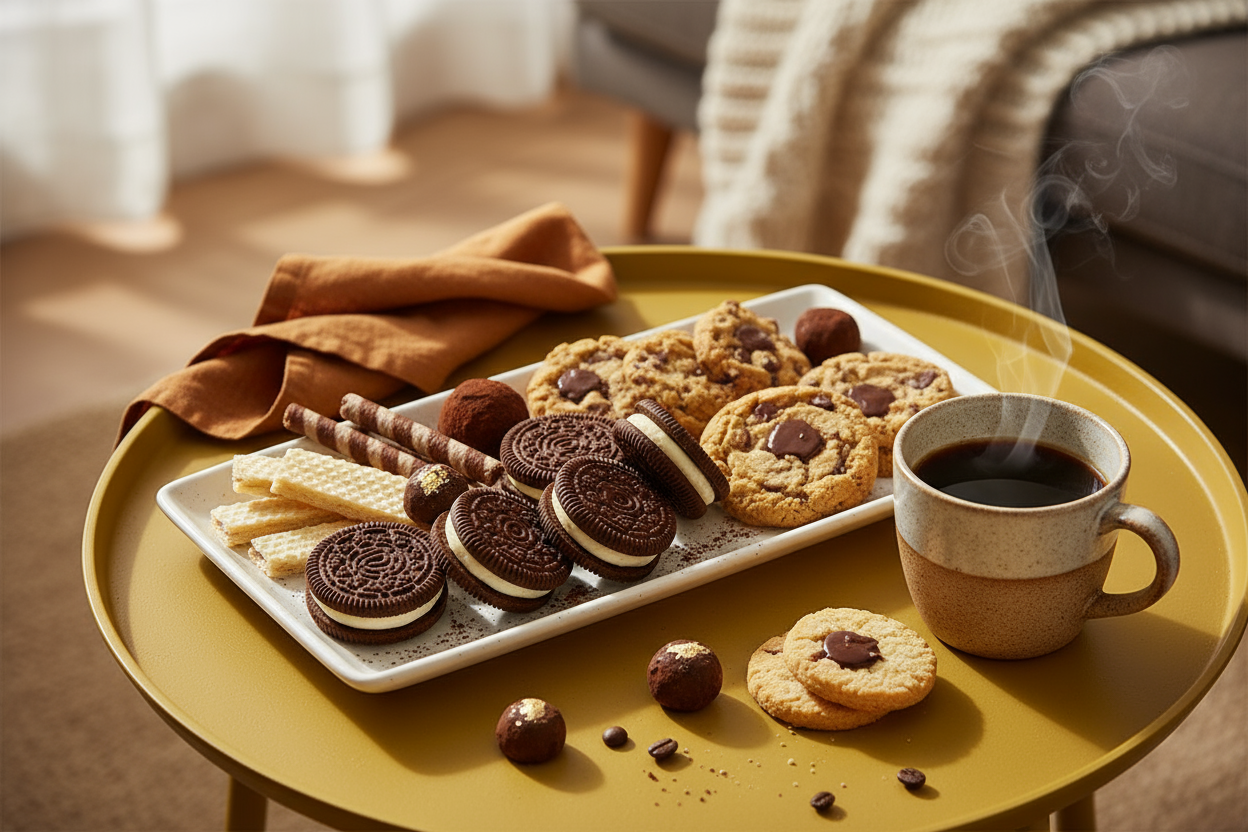 The background is yellow coffee table.sandwich cookies that are black and normal color ( don't use oreo wording), cookies, biscuits, chocolates, wafers are laying on a plate next to coffee.  